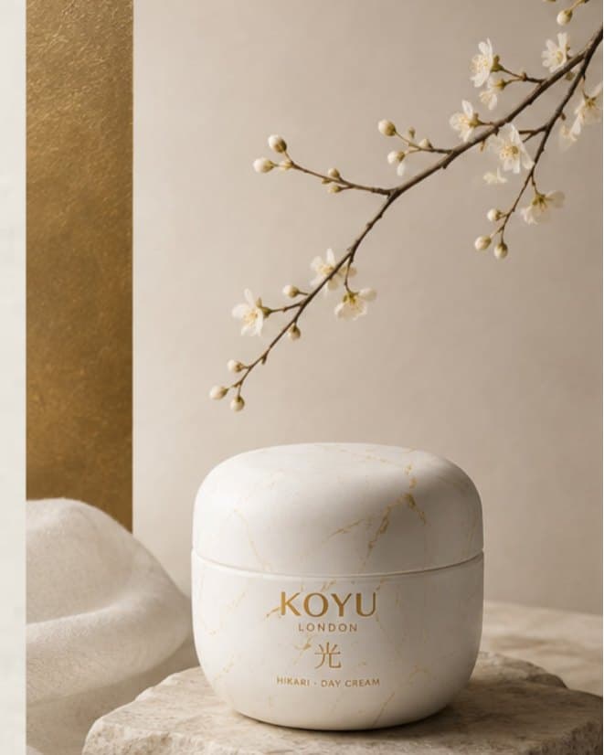 Hikari day cream: a white jar veined with gold on a stone plinth, beneath white blossom