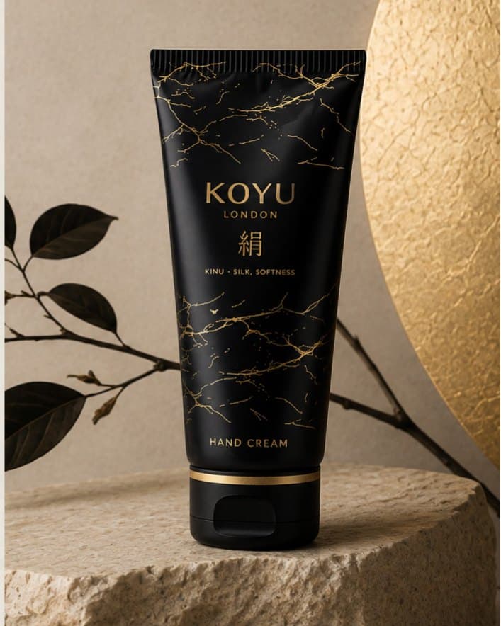 Kinu hand cream: a black tube veined with gold, standing on stone against a gold disc and dark leaves