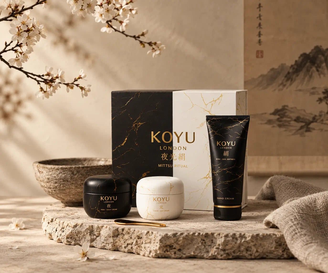 The KOYU range on a stone slab: the box, the two jars and the tube, with white blossom above.
