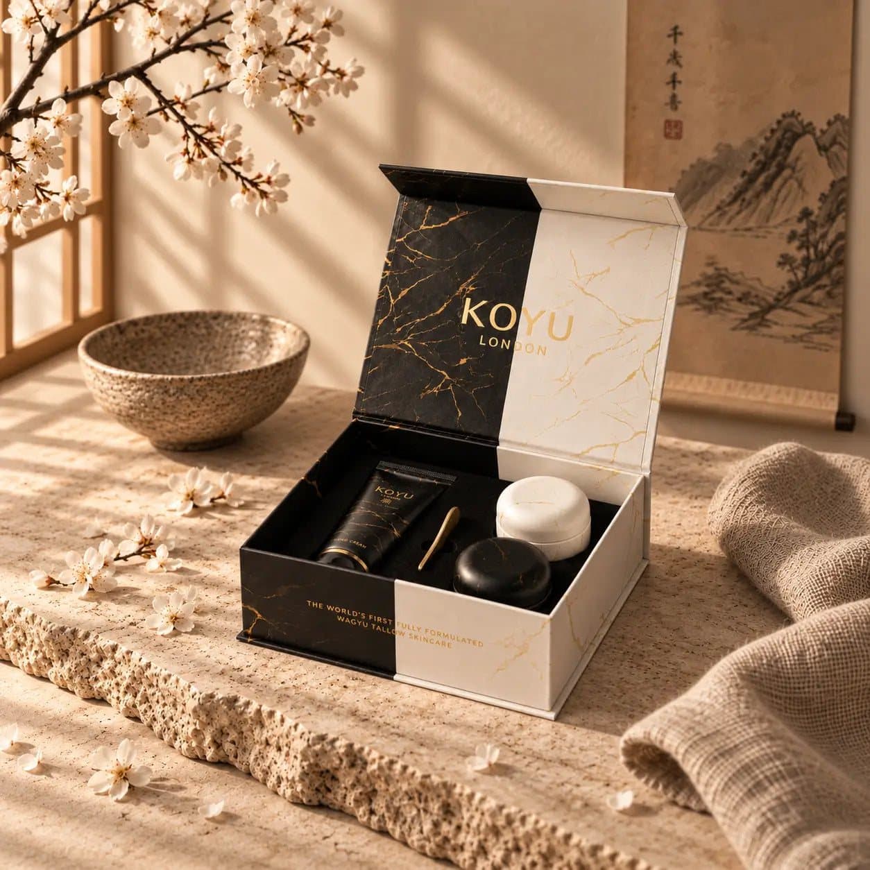 The Mittsu Ritual: the KOYU box open on a stone ledge with the two jars and the tube inside, blossom above