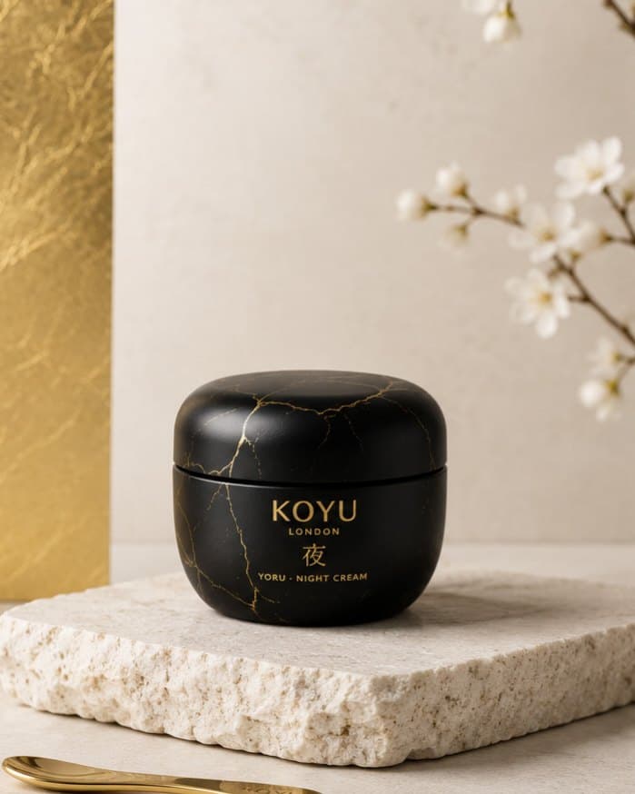 Yoru night cream: a black jar with gold kintsugi veining on a stone plinth, gold leaf behind